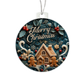 Round acrylic Christmas ornament featuring a gingerbread house with gingerbread figures, holly, and "Merry Christmas" text.