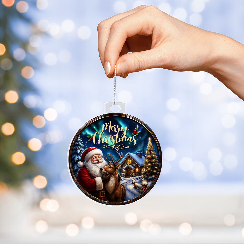 A person holding a round acrylic Christmas ornament featuring Santa Claus, a reindeer, and a illuminated winter cabin in a stained-glass style reading "Merry Christmas."