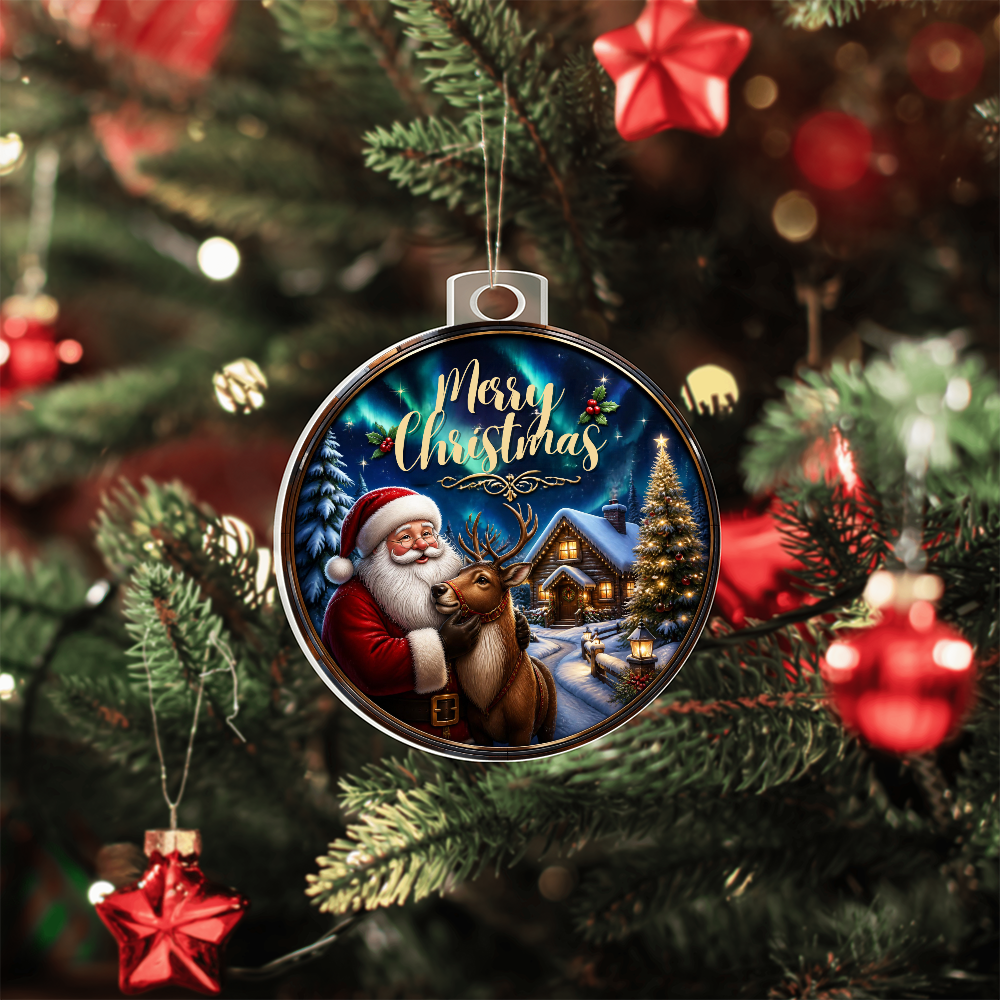 Round acrylic Christmas ornament in a stained-glass style featuring Santa Claus and a reindeer, hanging from pine branches on a decorated Christmas tree with red stars and festive lights.