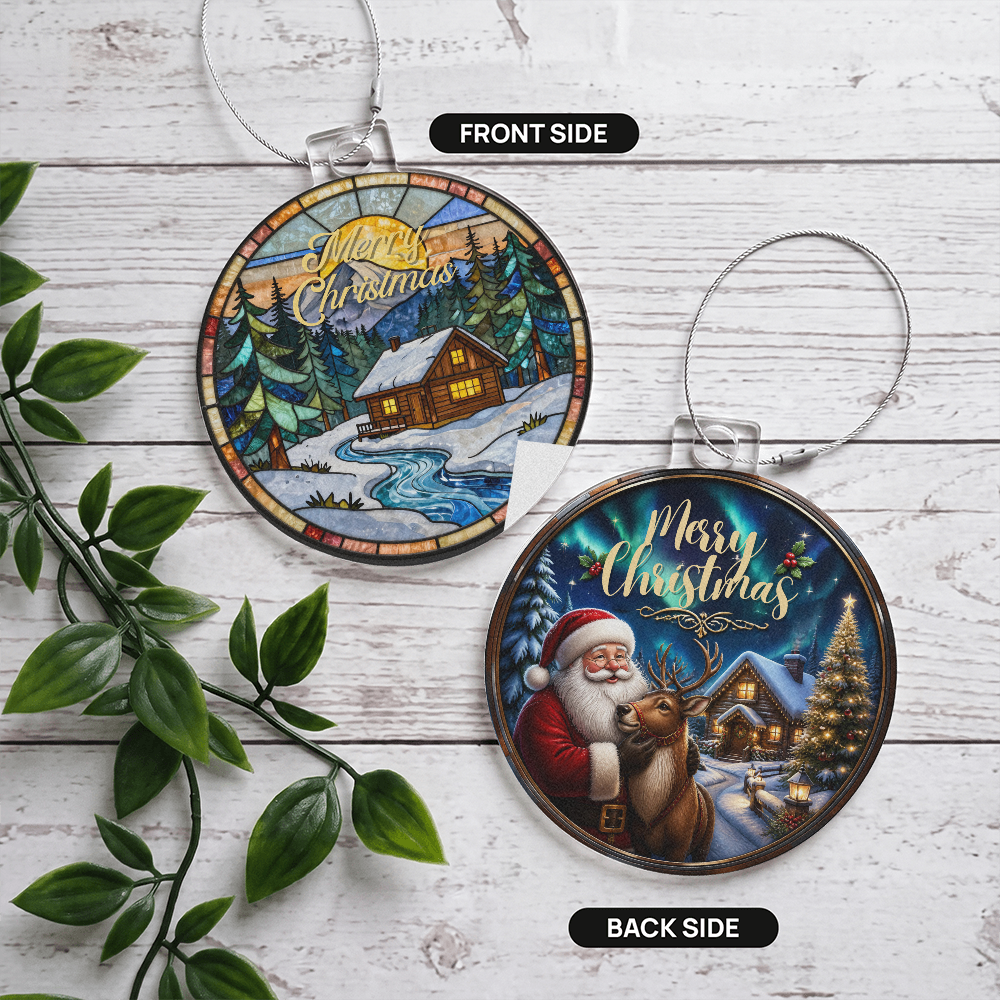 Double-sided acrylic Christmas ornament featuring a cozy winter cabin on the front and Santa Claus with a reindeer on the back, both in a stained-glass style reading "Merry Christmas."