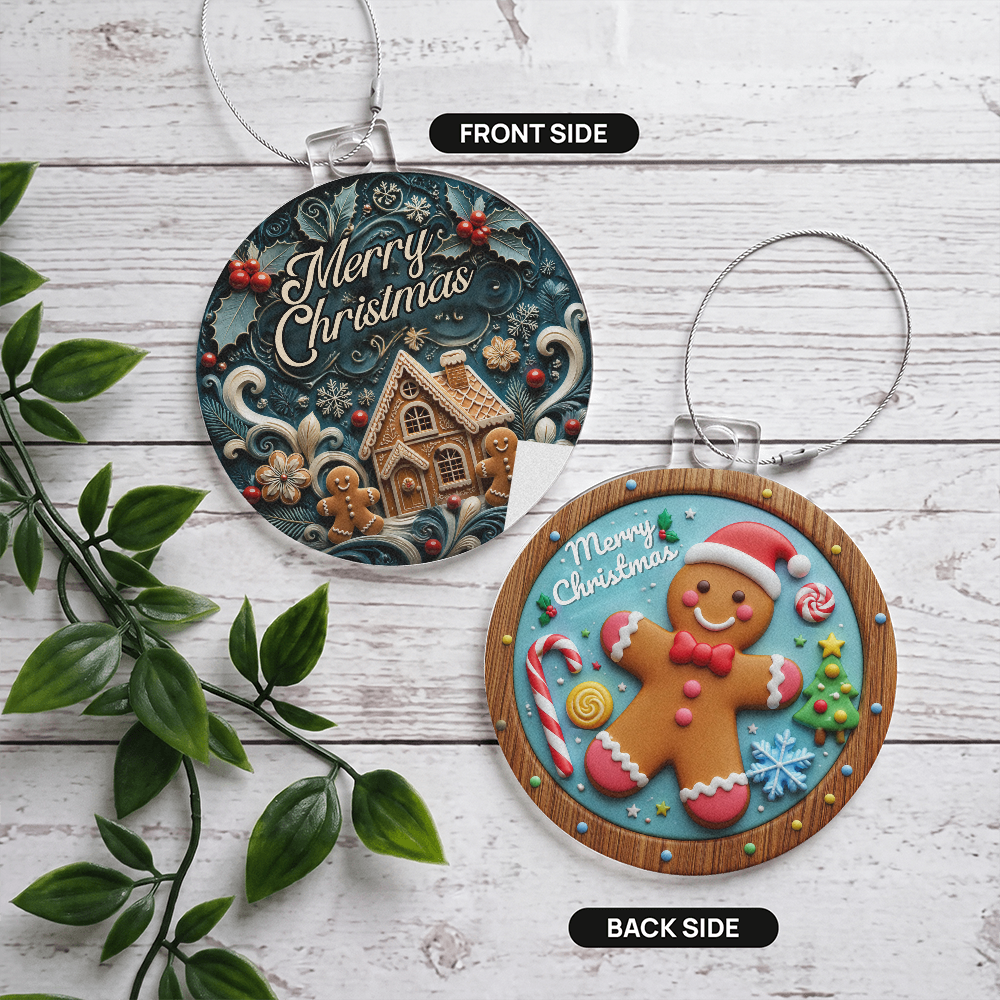 Double-sided acrylic Christmas ornament displaying a gingerbread house with "Merry Christmas" text on the front side and a gingerbread man with a candy cane on the back side.