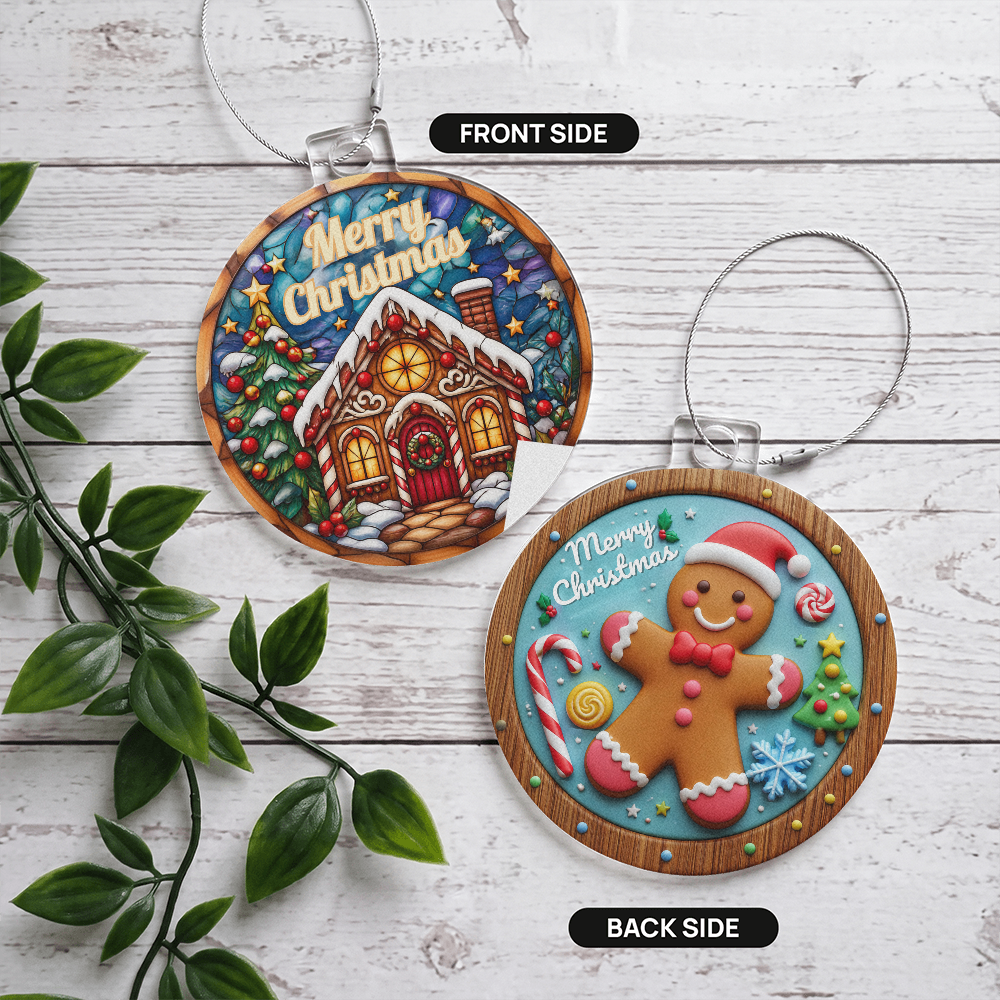 Double-sided acrylic Christmas ornament displayed on a whitewashed wood background; the front features a stained-glass style gingerbread house, and the back shows a smiling gingerbread man, both reading "Merry Christmas."