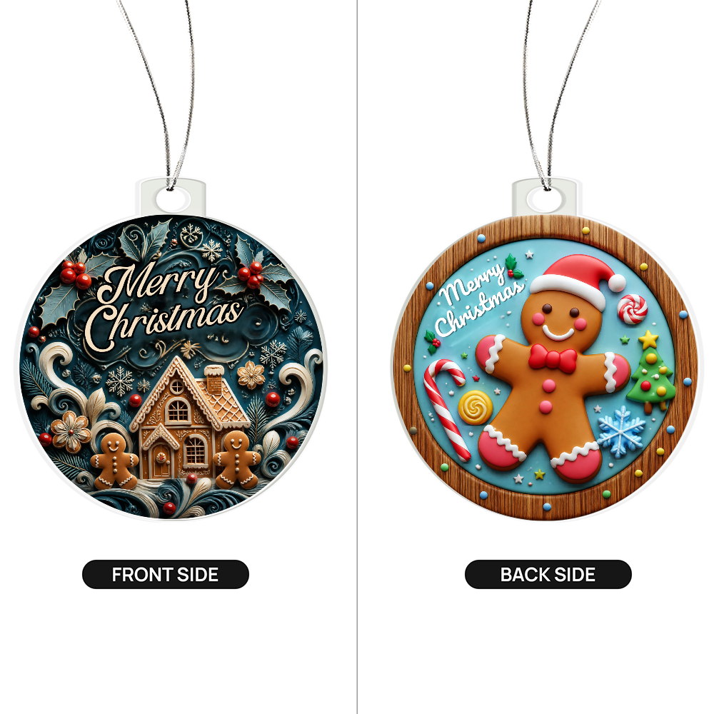 Double-sided acrylic Christmas ornament displaying a gingerbread house with "Merry Christmas" text on the front side and a gingerbread man with a candy cane on the back side.