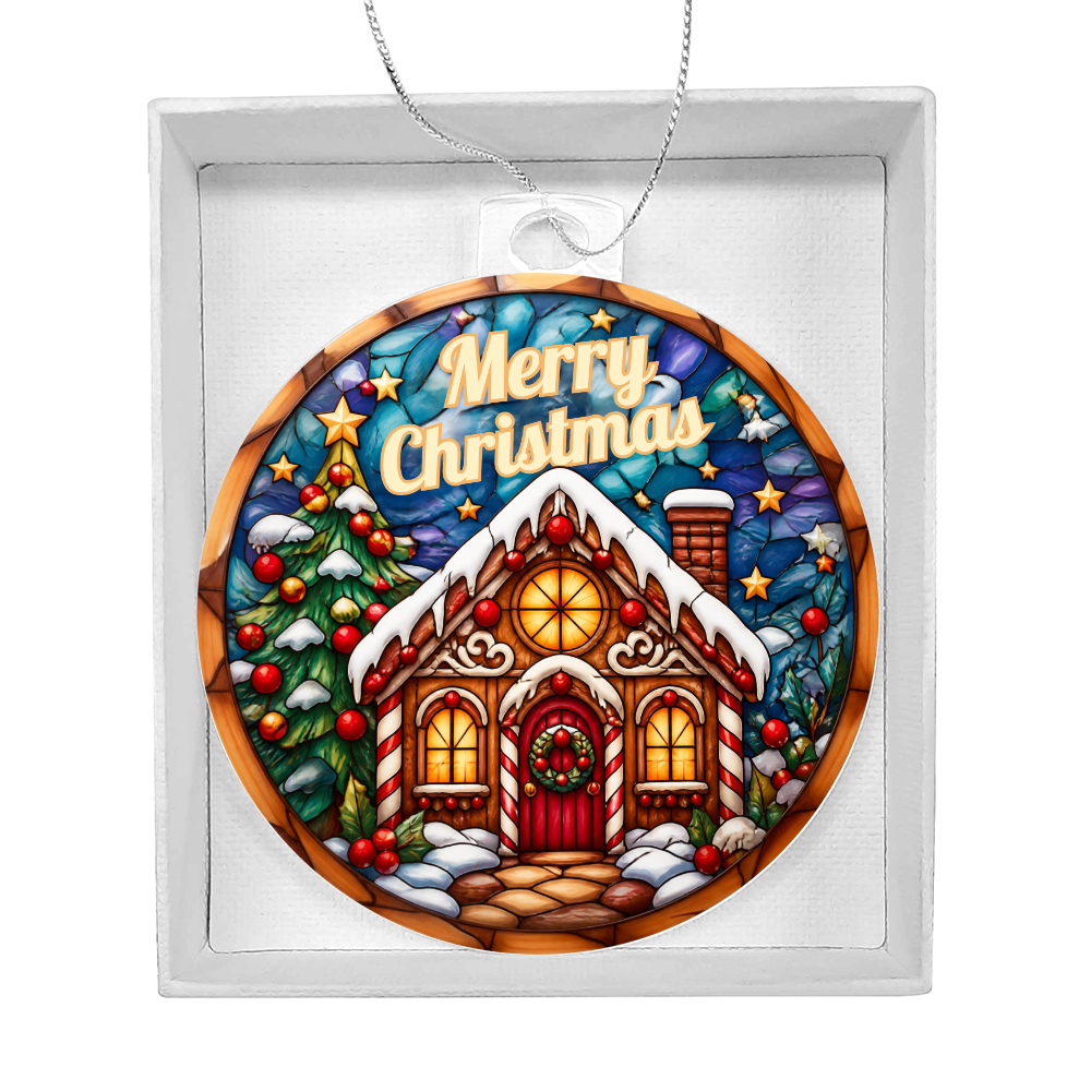 Round acrylic Christmas ornament in a stained-glass style featuring a cozy gingerbread house with "Merry Christmas" written at the top, displayed inside a white gift box.