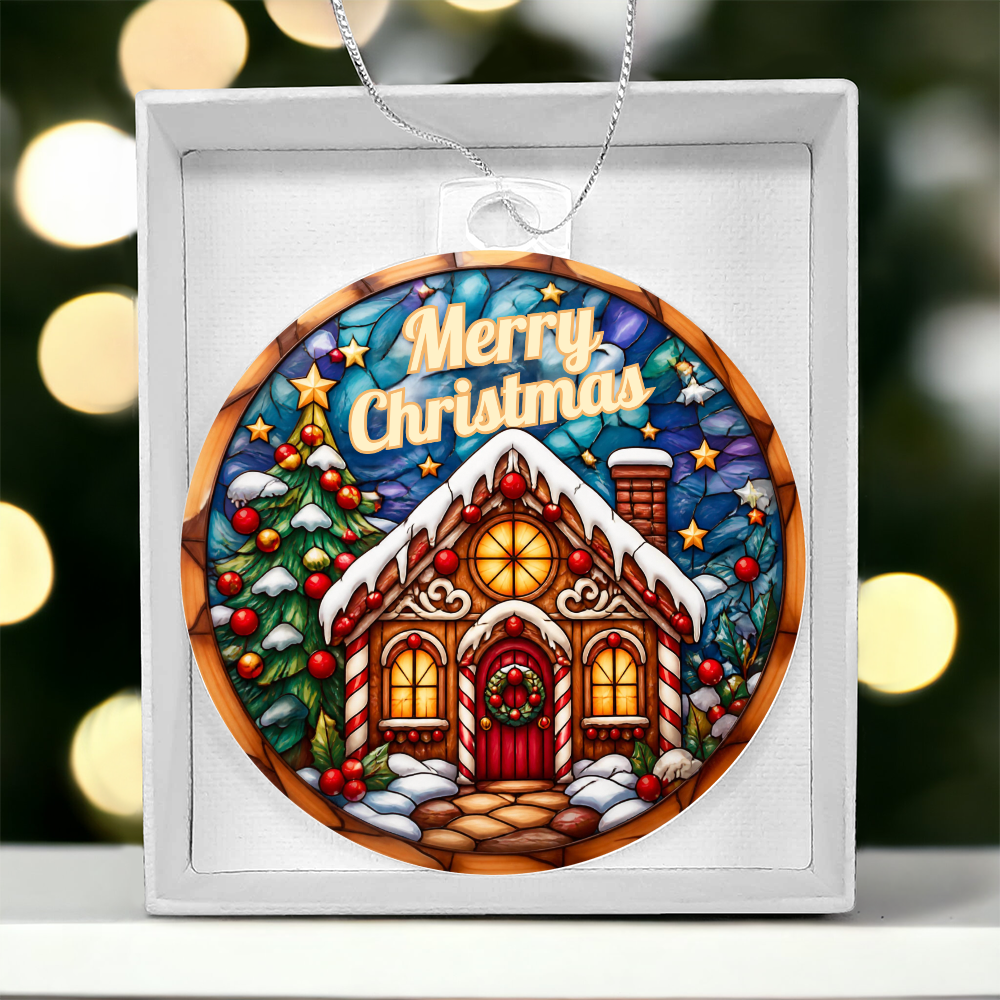 Round acrylic Christmas ornament in a stained-glass style featuring a cozy gingerbread house and pine trees with "Merry Christmas" written at the top, displayed inside a white gift box with blurred holiday lights in the background.