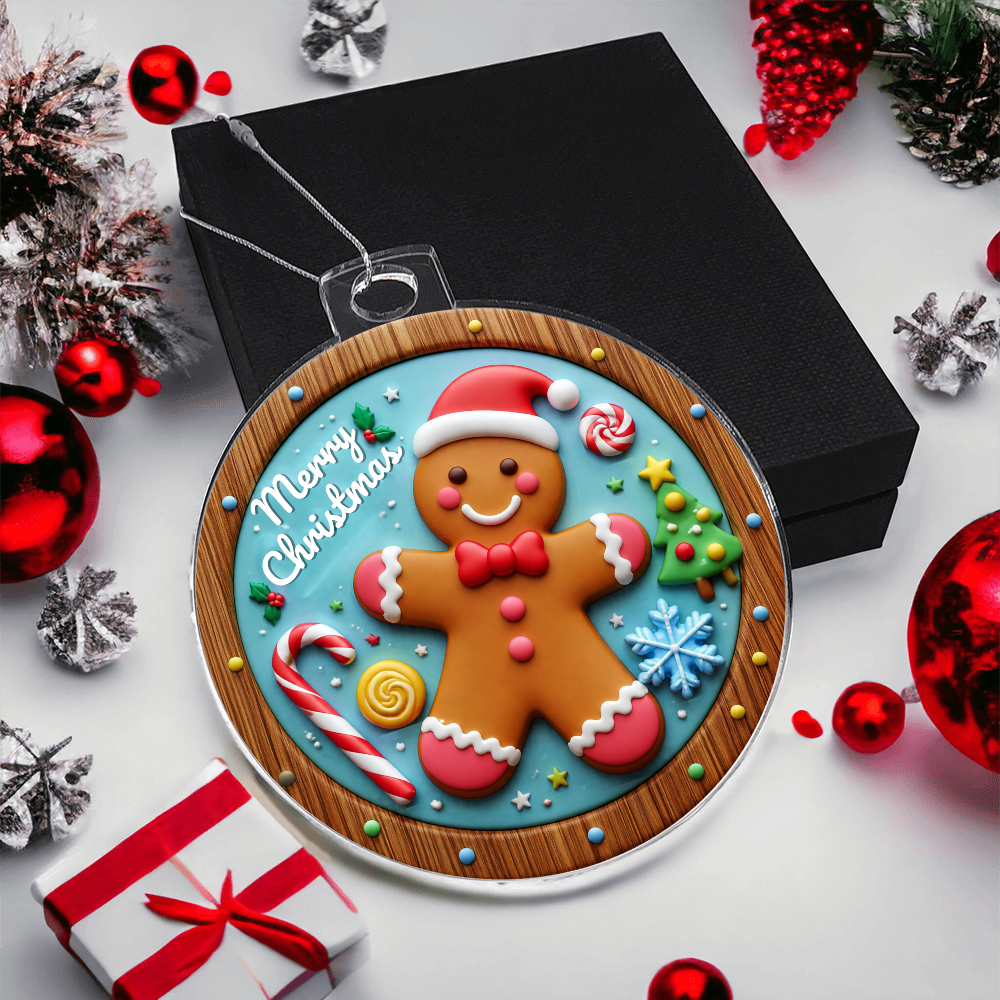 Round acrylic Christmas ornament featuring a smiling gingerbread man wearing a Santa hat, framed in a stained-glass style reading "Merry Christmas," surrounded by festive red ornaments, pine branches, and a gift box.