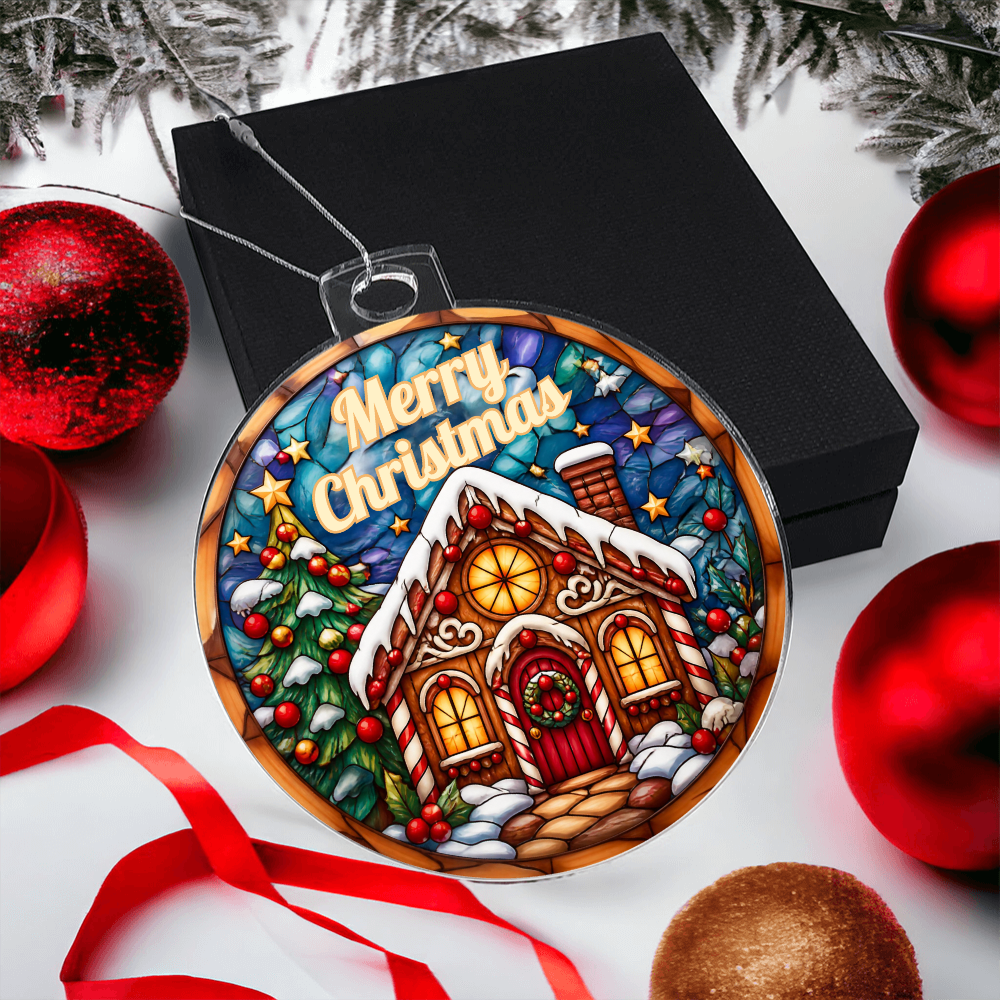 Round acrylic Christmas ornament in a stained-glass style featuring an illuminated gingerbread house and pine trees with "Merry Christmas" written at the top, surrounded by red holiday ornaments, red ribbon, and a black gift box.