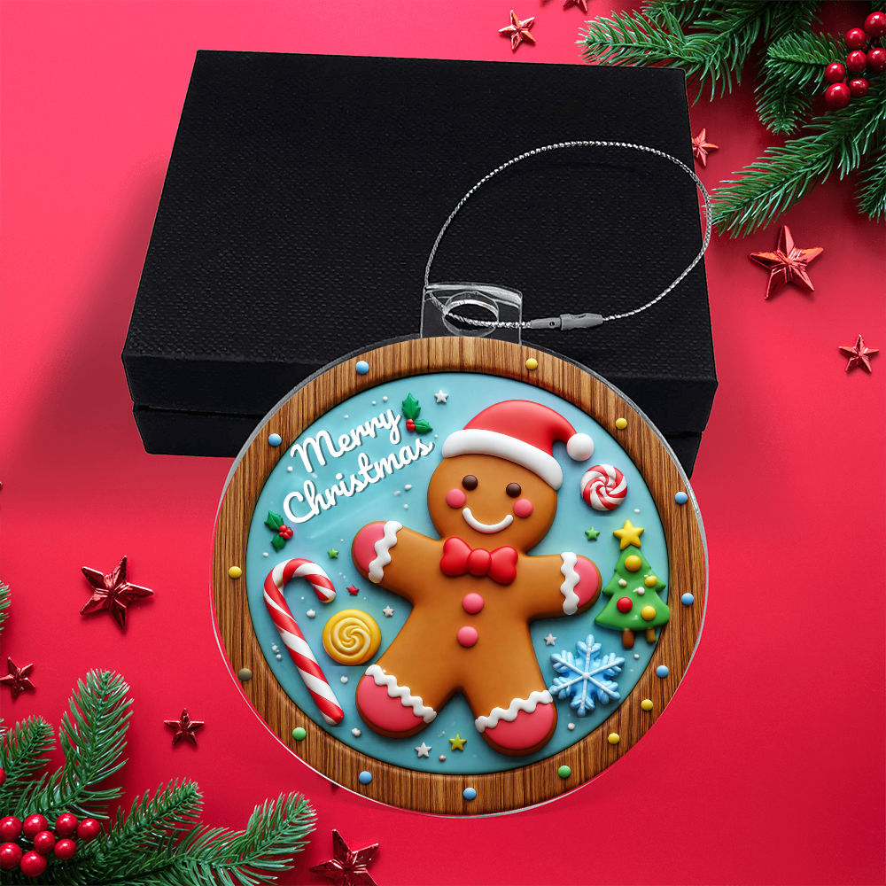 Round gingerbread acrylic Christmas ornament featuring "Merry Christmas" text and gingerbread figures, displayed on top of a black gift box.
