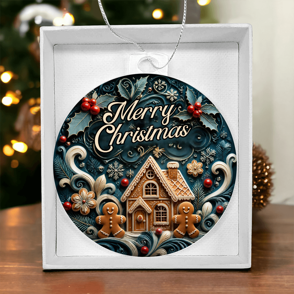 Round gingerbread acrylic Christmas ornament featuring "Merry Christmas" text and gingerbread figures, presented inside a white gift box.
