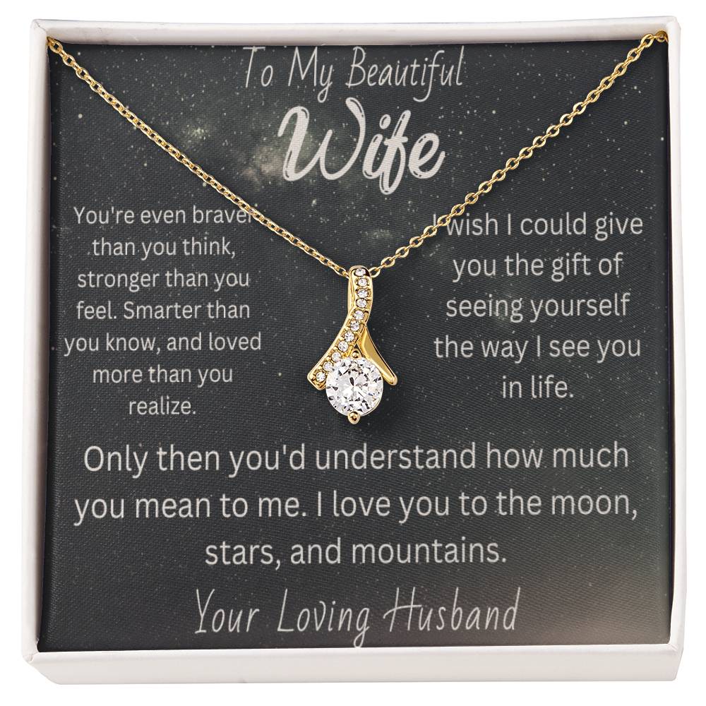 Beautiful wife necklace  Romantic gift for wife  Thoughtful wife's adornment  Elegant love pendant  Personalized wife's jewelry  Sentimental necklace for her  Special gift for beautiful wife  Graceful love-themed accessory  Wife's keepsake necklace  Timeless love pendant  Meaningful wife's jewelry  Unique gift for beloved wife  Cherished love adornment  Expressive wife's necklace  Beloved wife's accessory