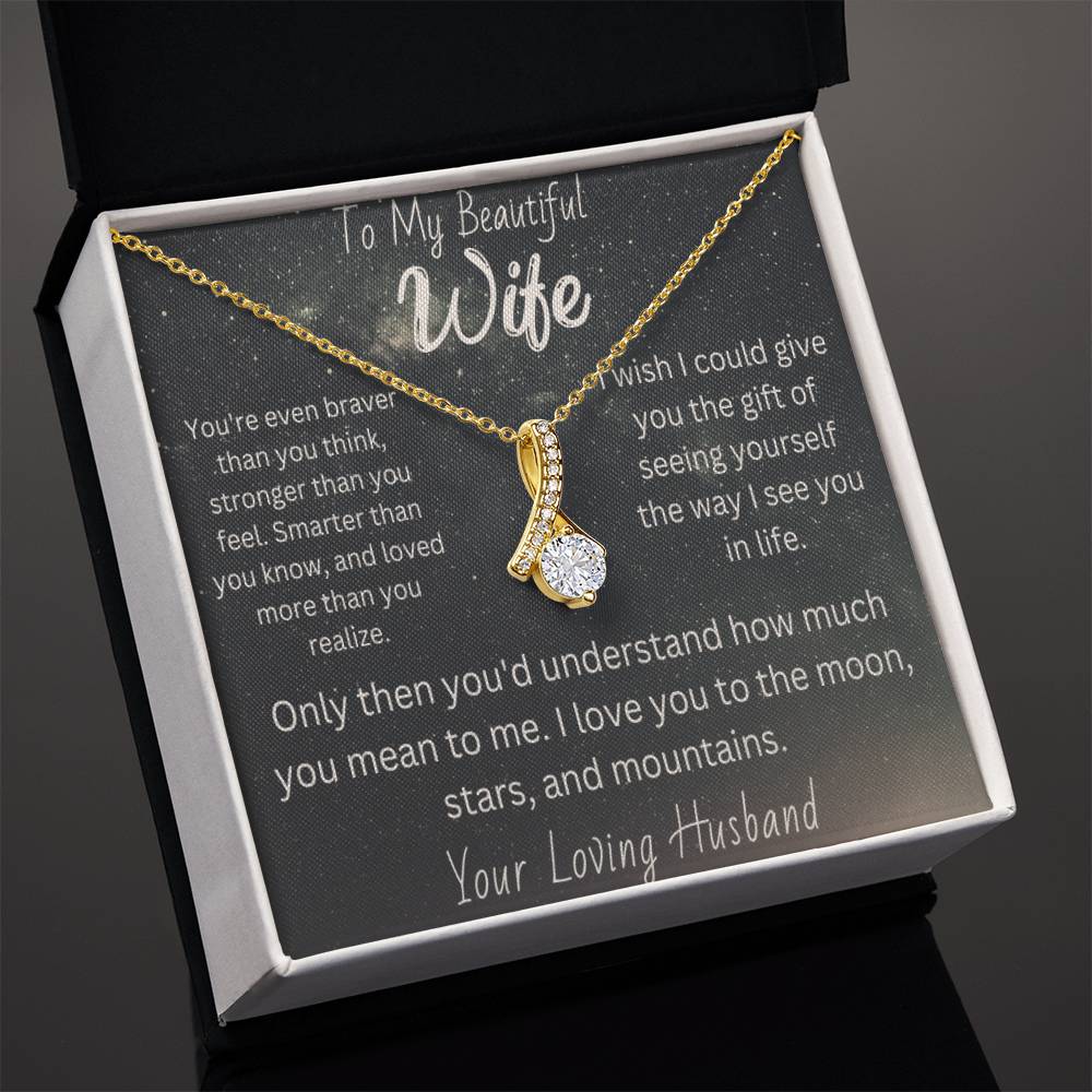 Beautiful wife necklace  Romantic gift for wife  Thoughtful wife's adornment  Elegant love pendant  Personalized wife's jewelry  Sentimental necklace for her  Special gift for beautiful wife  Graceful love-themed accessory  Wife's keepsake necklace  Timeless love pendant  Meaningful wife's jewelry  Unique gift for beloved wife  Cherished love adornment  Expressive wife's necklace  Beloved wife's accessory