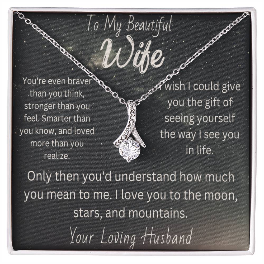 Beautiful wife necklace  Romantic gift for wife  Thoughtful wife's adornment  Elegant love pendant  Personalized wife's jewelry  Sentimental necklace for her  Special gift for beautiful wife  Graceful love-themed accessory  Wife's keepsake necklace  Timeless love pendant  Meaningful wife's jewelry  Unique gift for beloved wife  Cherished love adornment  Expressive wife's necklace  Beloved wife's accessory