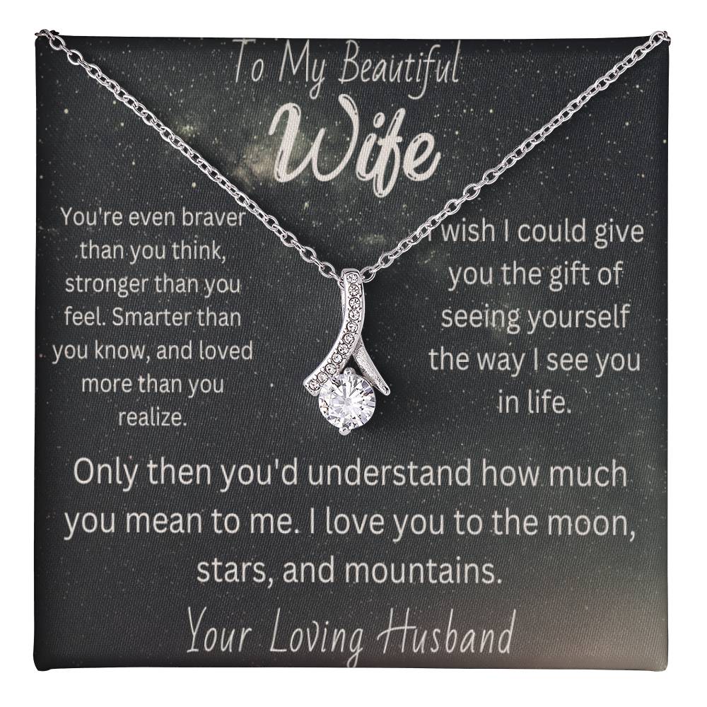 Beautiful wife necklace  Romantic gift for wife  Thoughtful wife's adornment  Elegant love pendant  Personalized wife's jewelry  Sentimental necklace for her  Special gift for beautiful wife  Graceful love-themed accessory  Wife's keepsake necklace  Timeless love pendant  Meaningful wife's jewelry  Unique gift for beloved wife  Cherished love adornment  Expressive wife's necklace  Beloved wife's accessory