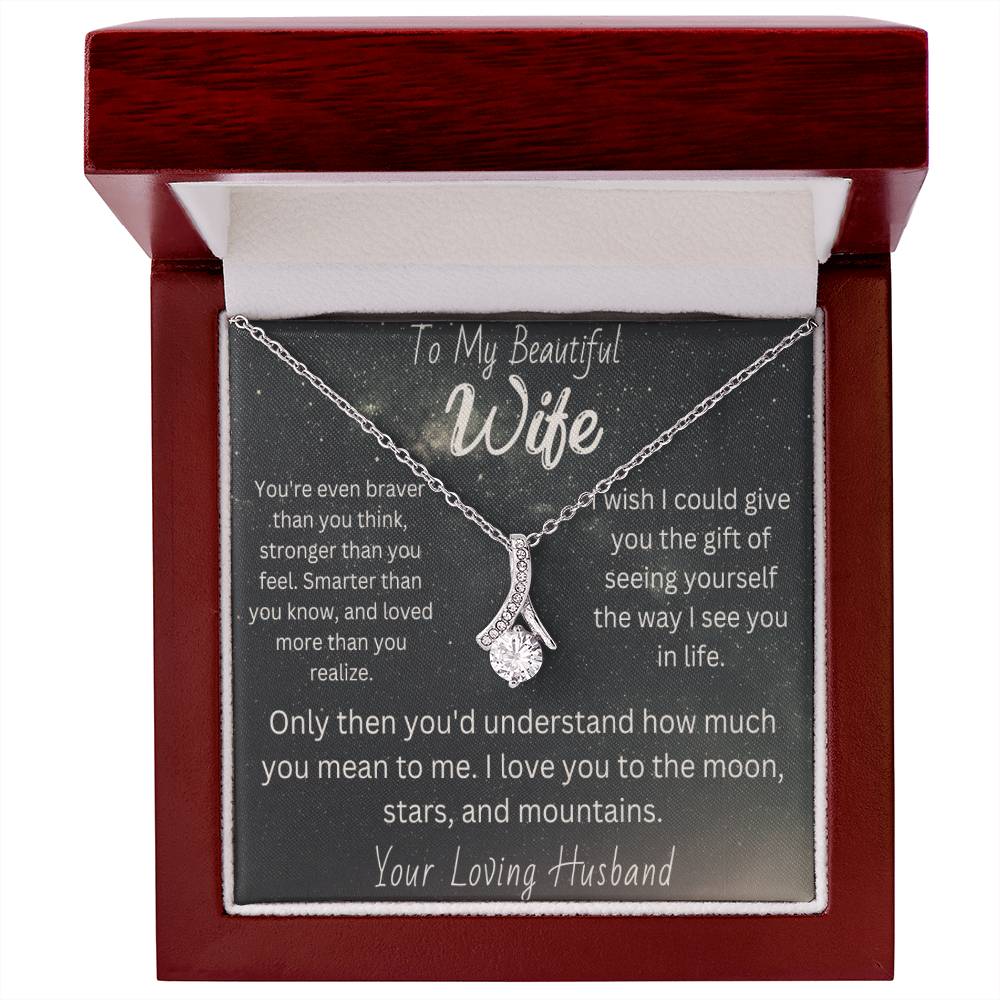 Beautiful wife necklace  Romantic gift for wife  Thoughtful wife's adornment  Elegant love pendant  Personalized wife's jewelry  Sentimental necklace for her  Special gift for beautiful wife  Graceful love-themed accessory  Wife's keepsake necklace  Timeless love pendant  Meaningful wife's jewelry  Unique gift for beloved wife  Cherished love adornment  Expressive wife's necklace  Beloved wife's accessory