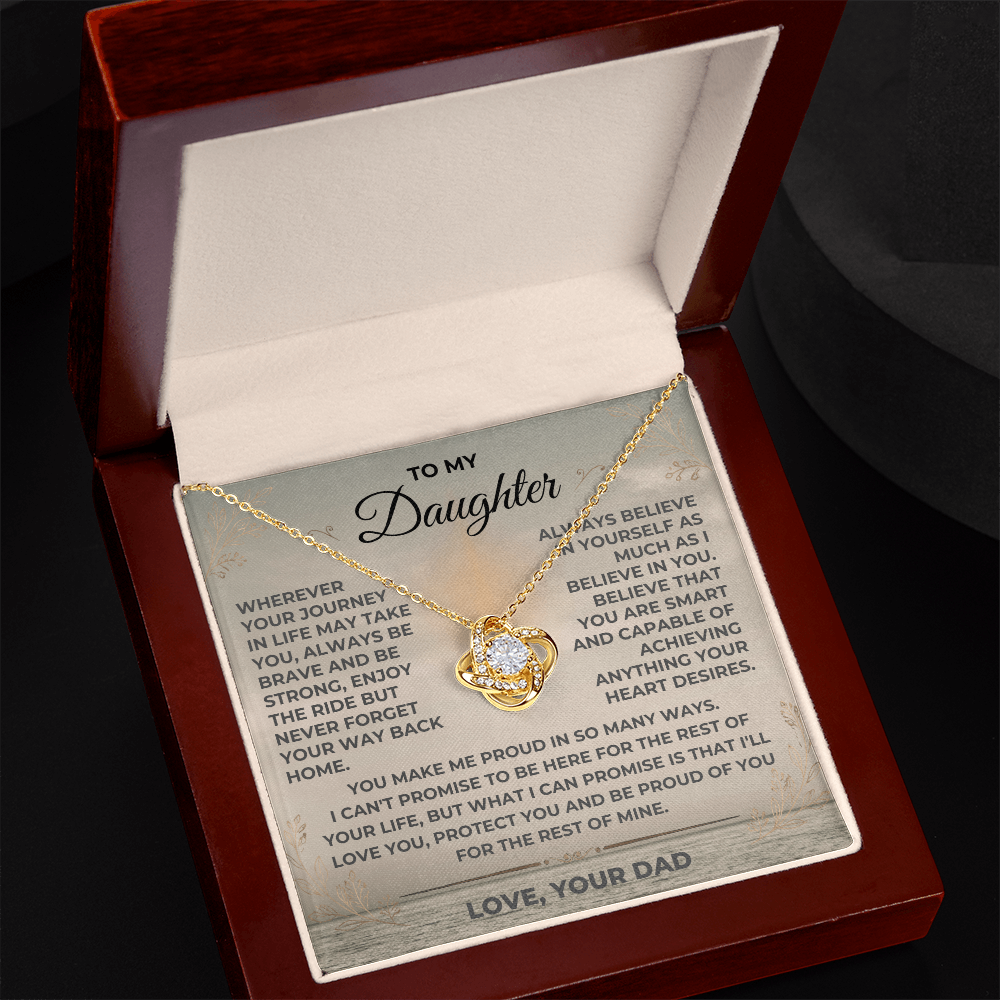 To My Daughter Love Dad Love Knot Necklace in mahogany luxury box with message card