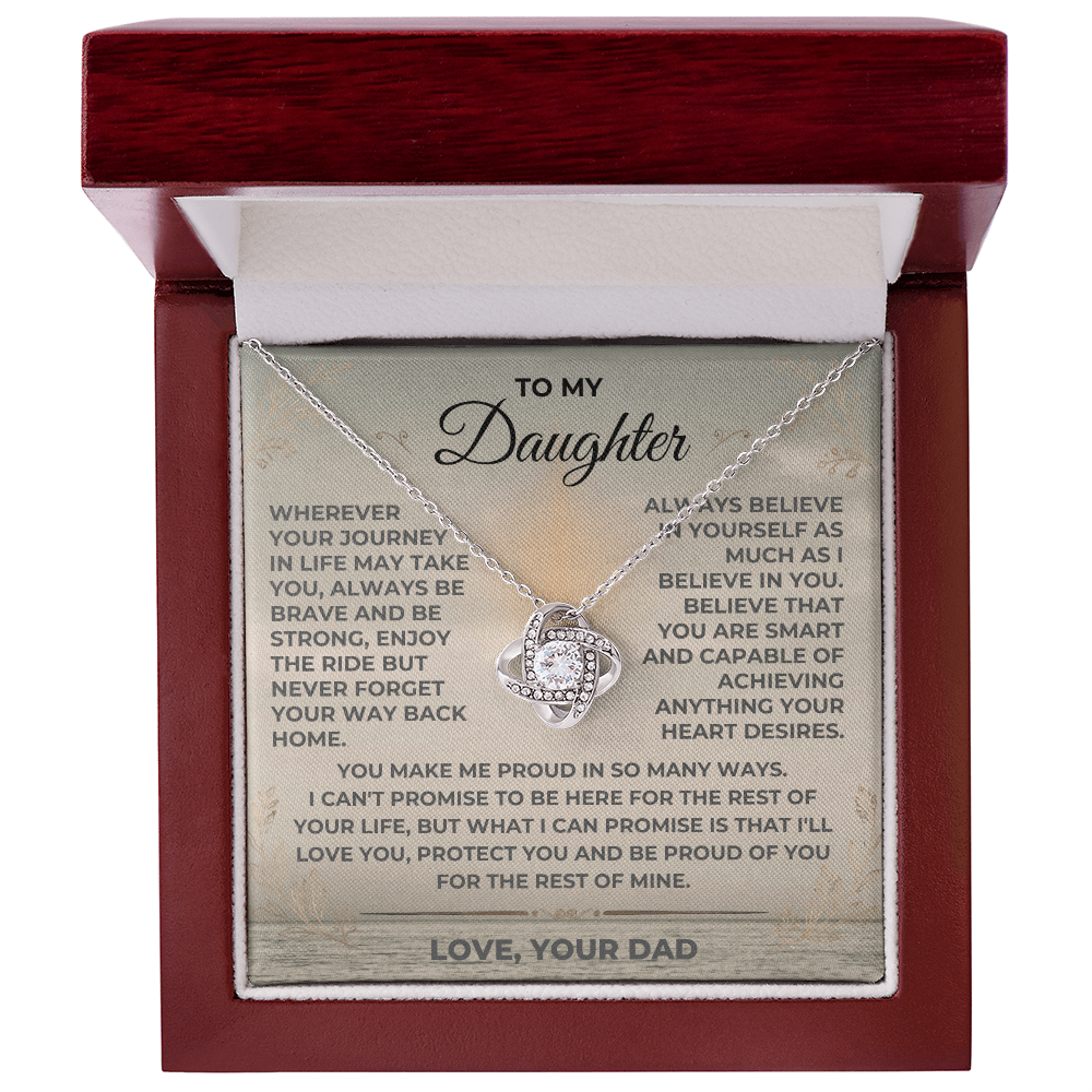 To My Daughter Love Dad Love Knot Necklace in mahogany luxury box with message card