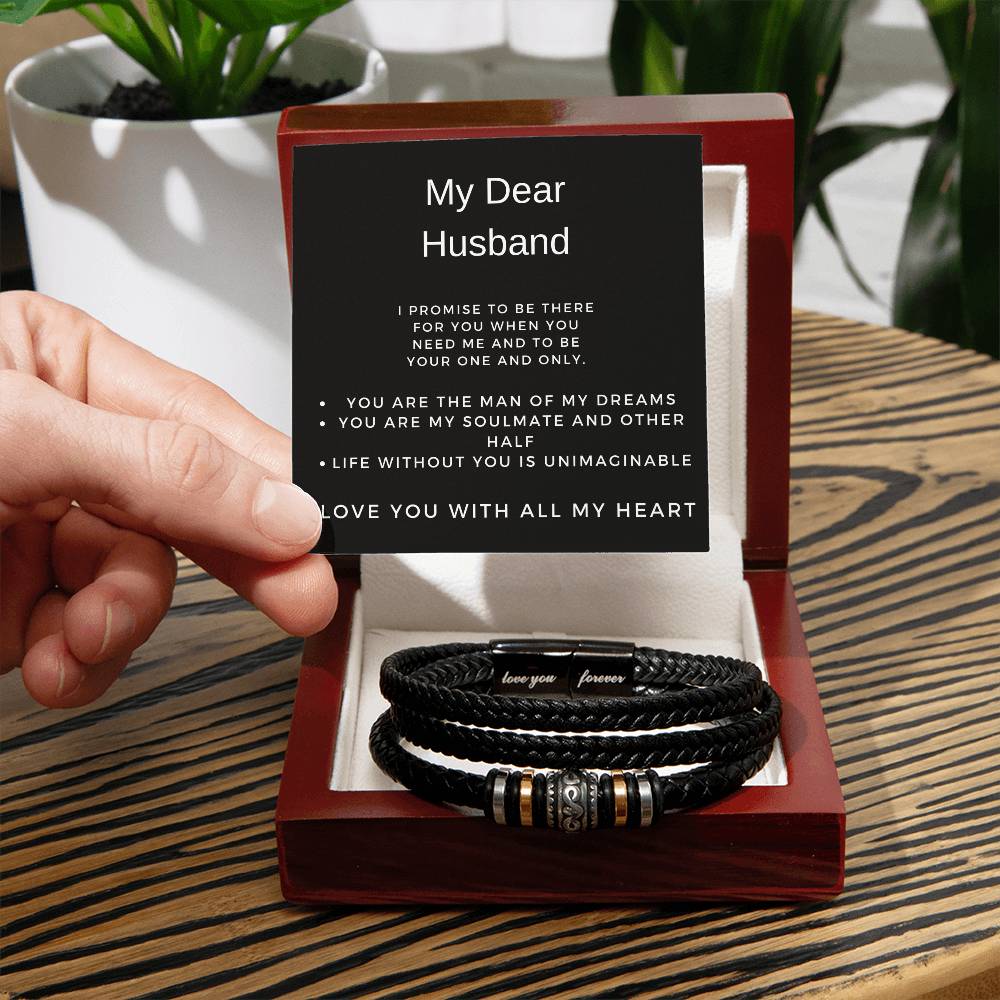 Dear husband bracelet  Thoughtful gift for him  Personalized husband's accessory  Elegant bracelet for dear one  Timeless love-themed jewelry  Unique husband's gift  Meaningful bracelet for him  Sentimental adornment  Cherished keepsake for husband  Husband's special bracelet  Personalized dear one's jewelry  Elegant accessory for him  Romantic gift for husband  Stylish husband's bracelet  Dear husband's keepsake