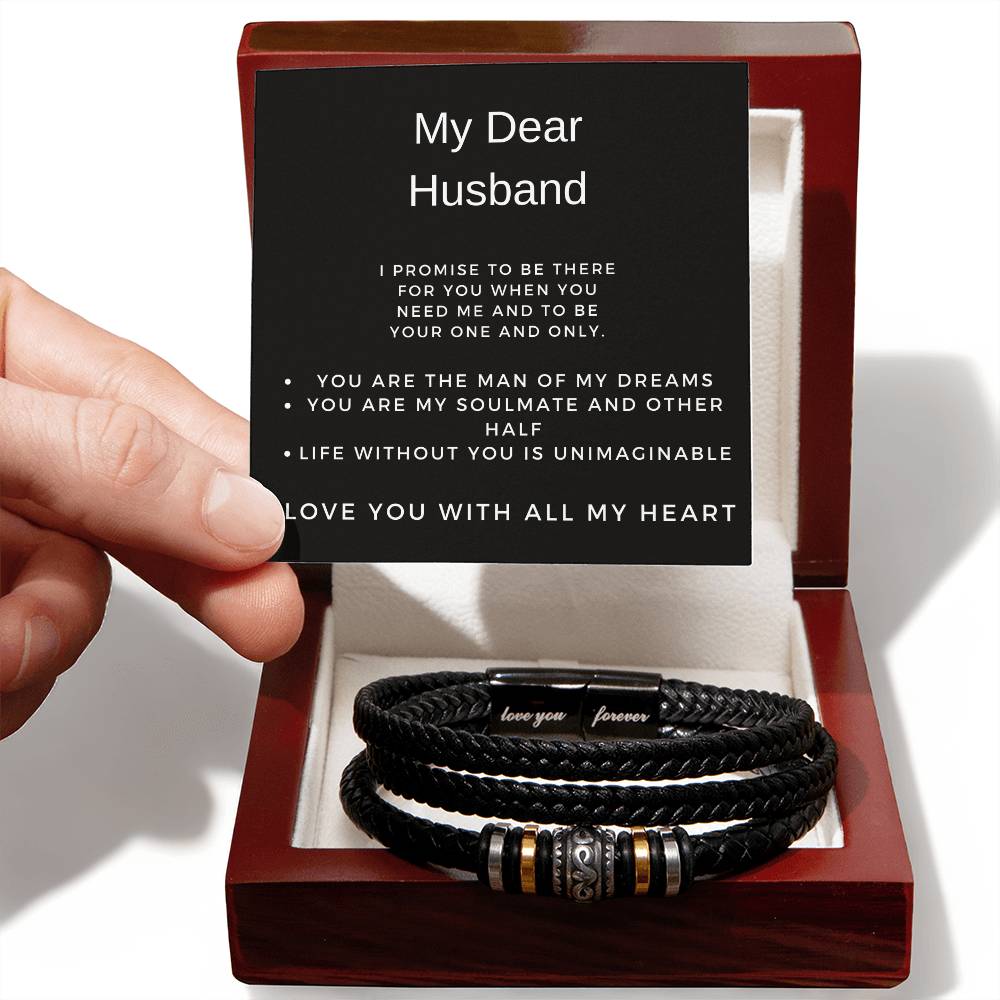 Dear husband bracelet  Thoughtful gift for him  Personalized husband's accessory  Elegant bracelet for dear one  Timeless love-themed jewelry  Unique husband's gift  Meaningful bracelet for him  Sentimental adornment  Cherished keepsake for husband  Husband's special bracelet  Personalized dear one's jewelry  Elegant accessory for him  Romantic gift for husband  Stylish husband's bracelet  Dear husband's keepsake