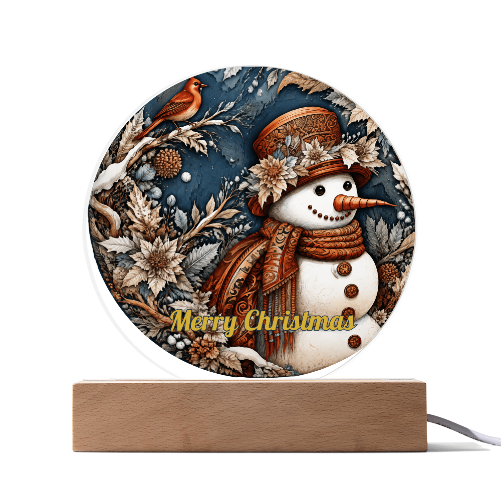 Round acrylic circle plaque featuring a vintage snowman and red robin with "Merry Christmas" text, mounted on a lighted wooden base.