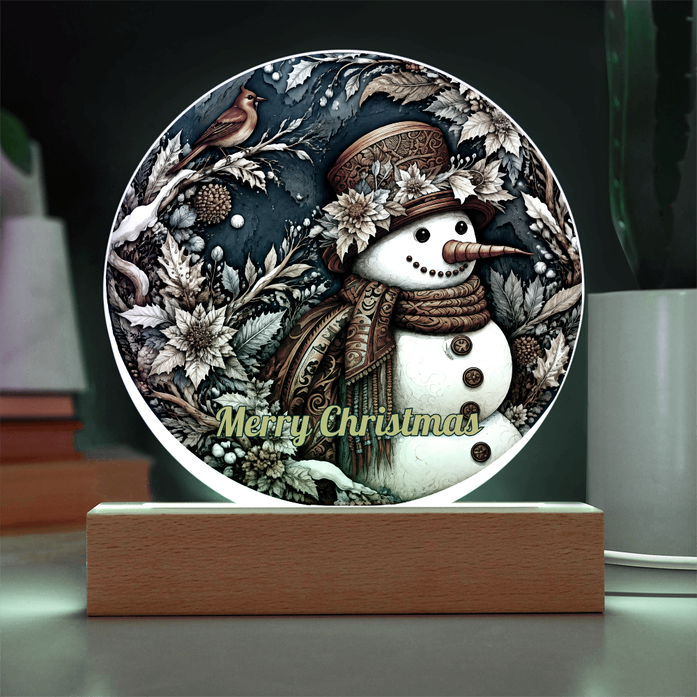 Round acrylic circle plaque featuring a vintage snowman and red robin with "Merry Christmas" text, mounted on an illuminated wooden base.