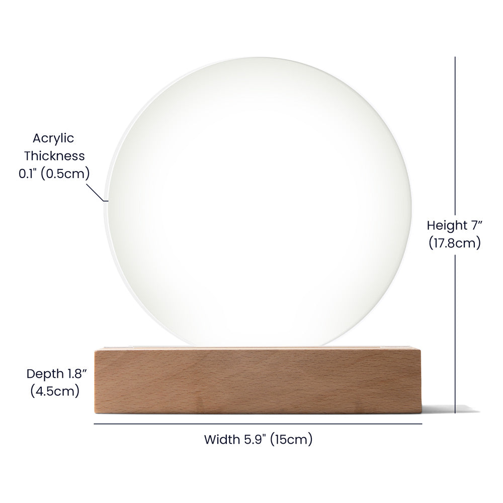 Dimension diagram for the Winter House acrylic desk plaque on a wooden base, showing a total height of 7 inches (17.8 cm), width of 5.9 inches (15 cm), depth of 1.8 inches (4.5 cm), and acrylic thickness of 0.1 inches (0.5 cm).