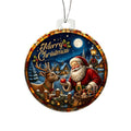 Round acrylic Christmas ornament featuring Santa Claus holding an apple, a reindeer, and a snowy cabin scene with "Merry Christmas" text.
