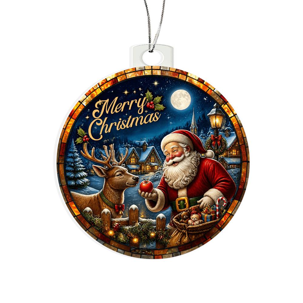 Round acrylic Christmas ornament featuring Santa Claus holding an apple, a reindeer, and a snowy cabin scene with "Merry Christmas" text.