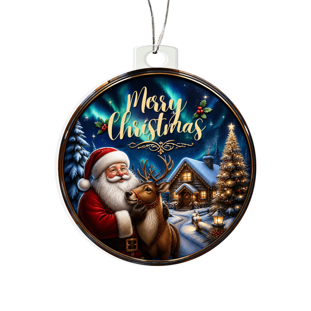 Acrylic ornament featuring Santa, a reindeer, and a snowy cabin with "Merry Christmas" text.
