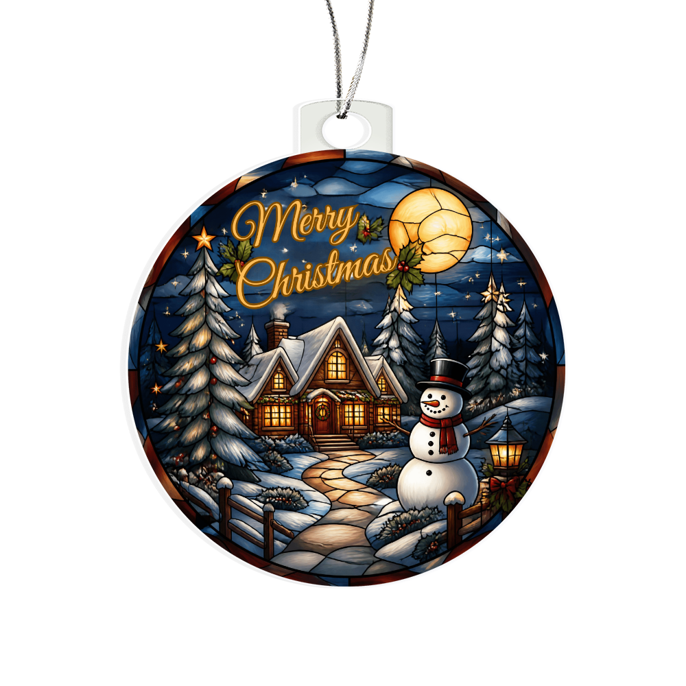 Round acrylic Christmas bulb ornament featuring a glowing winter cabin, snowman, and pine trees under a full moon with "Merry Christmas" text.