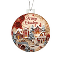 Acrylic Winter House Christmas ornament featuring winter village with red cottages and silver hanging cord by Giulia's Jems.