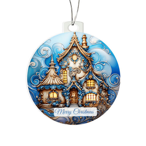 Round acrylic Christmas ornament featuring a cozy winter house with ornate, glowing windows, festive scrollwork, and a "Merry Christmas" banner at the bottom.