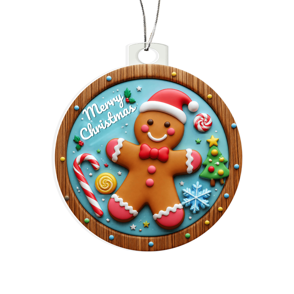 Round acrylic Christmas ornament in a stained-glass style featuring a smiling gingerbread man wearing a Santa hat, surrounded by holiday candies, a Christmas tree, and "Merry Christmas" written at the top, isolated on a plain white background.