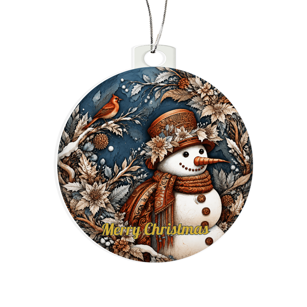 Round acrylic Christmas ornament featuring a vintage snowman wearing a scarf and hat next to a red robin bird with "Merry Christmas" text.