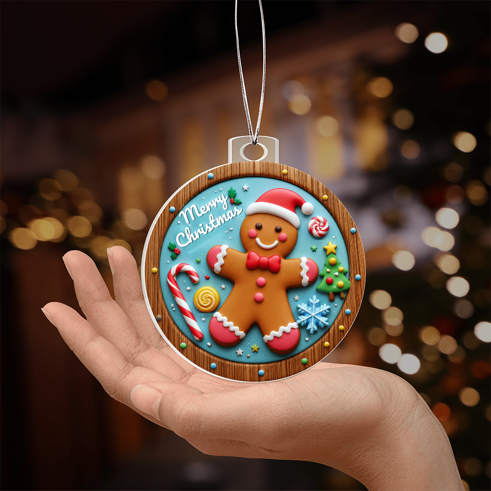 Hand holding a round acrylic Christmas ornament featuring a smiling gingerbread man wearing a Santa hat, surrounded by holiday sweets and "Merry Christmas" written at the top, against a warm blurred background with festive lights.