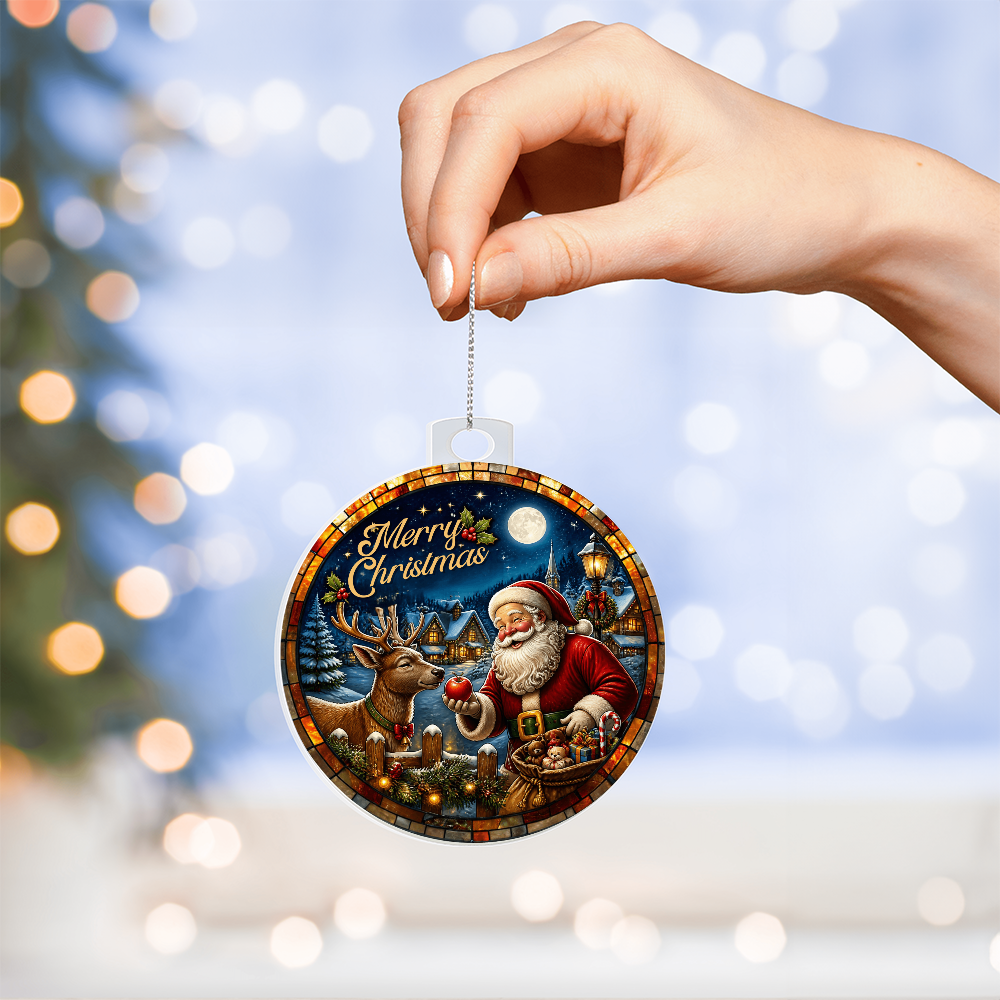 Hand holding a round acrylic ornament featuring Santa Claus, a reindeer, and a snowy cabin scene with "Merry Christmas" text.