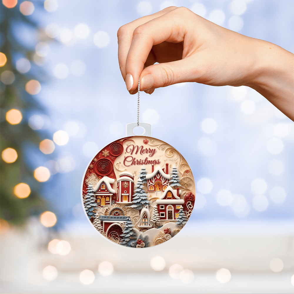 Hand holding a round acrylic Merry Christmas ornament with silver hanging cord and winter village design against a blurred holiday lights background.