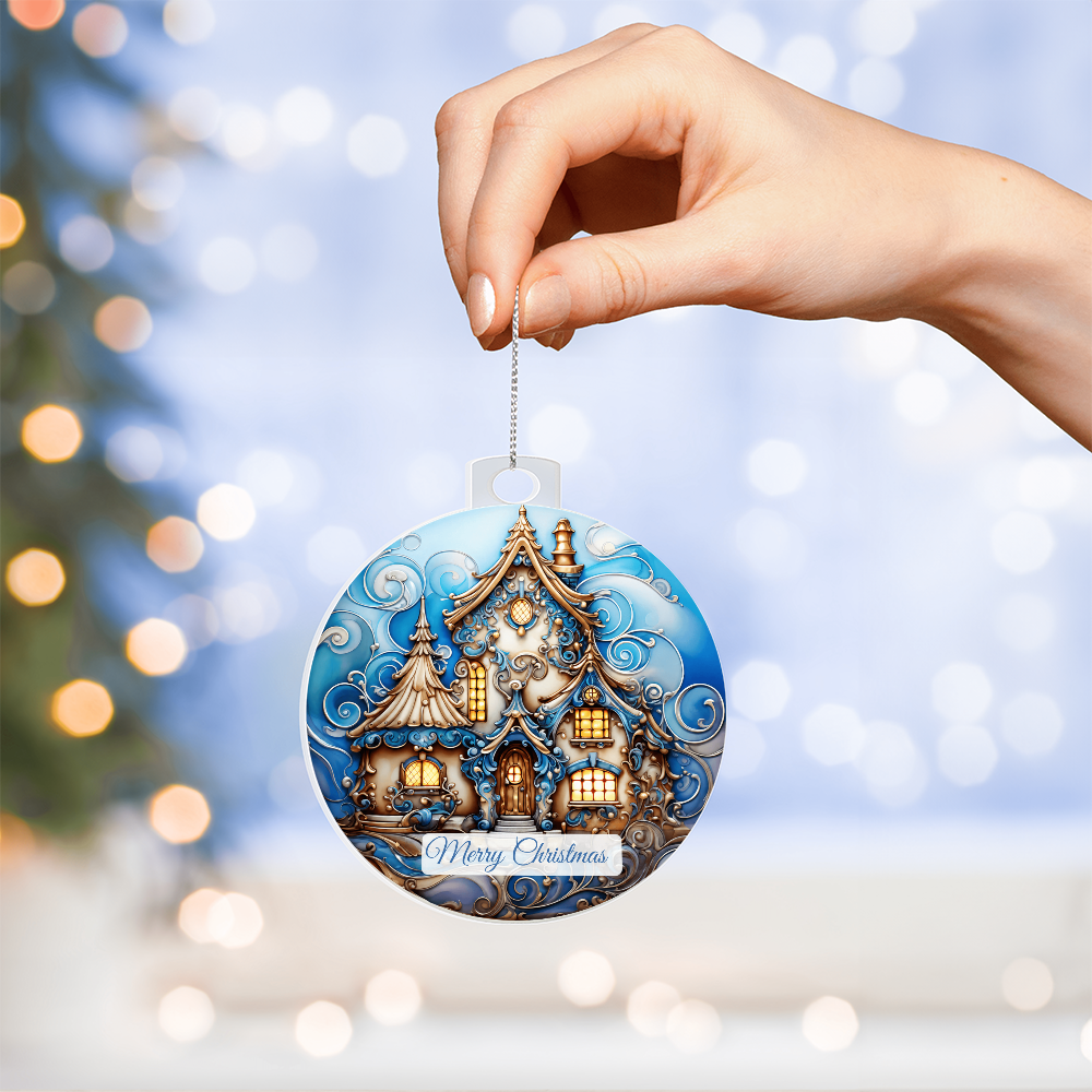 Hand holding a round acrylic Christmas ornament featuring a cozy winter house with ornate, glowing windows, festive scrollwork, and a "Merry Christmas" banner at the bottom against a blurred holiday bokeh background.