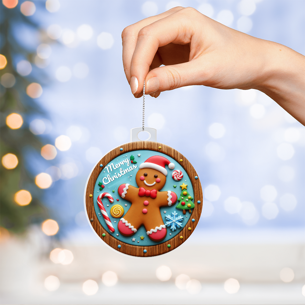 Hand holding a round acrylic Christmas ornament with a stained-glass style print of a smiling gingerbread man, surrounded by festive holiday candies and "Merry Christmas" at the top against a blurred background.