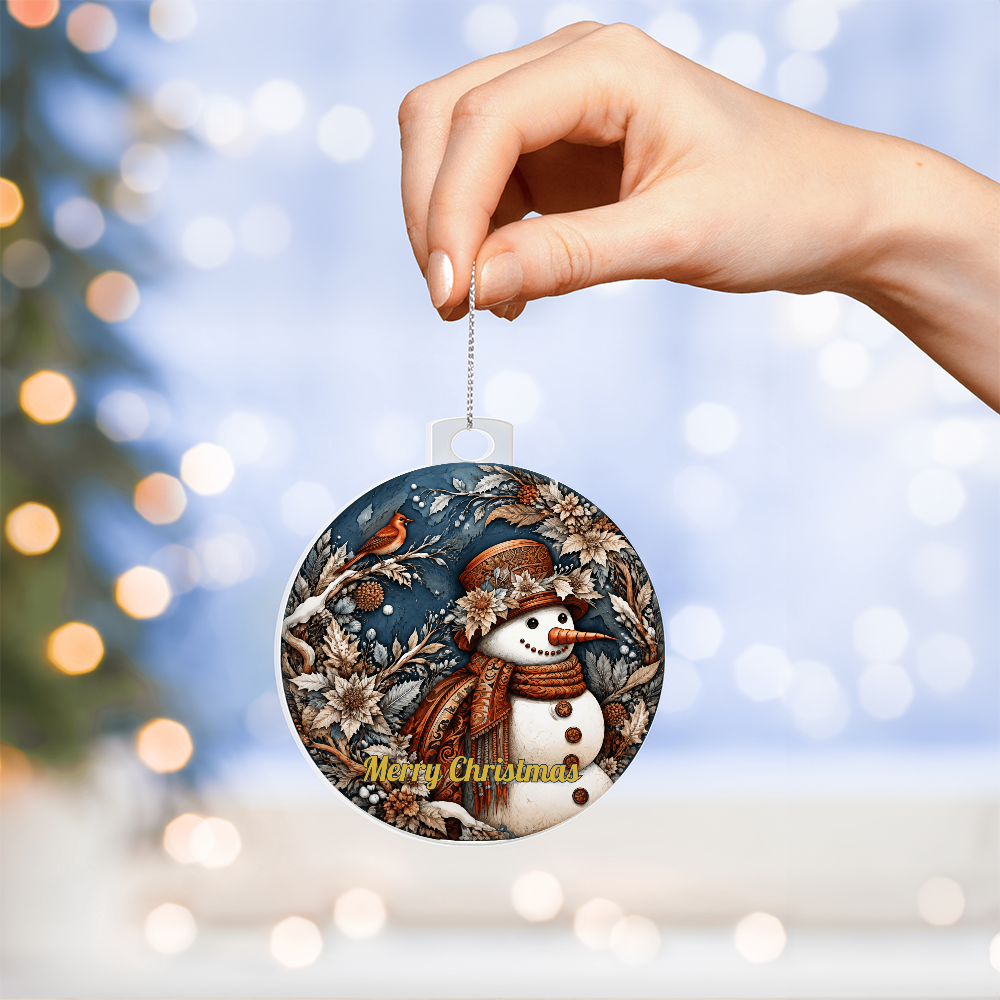 Hand holding a round vintage snowman and red robin acrylic Christmas ornament against a bokeh holiday background.