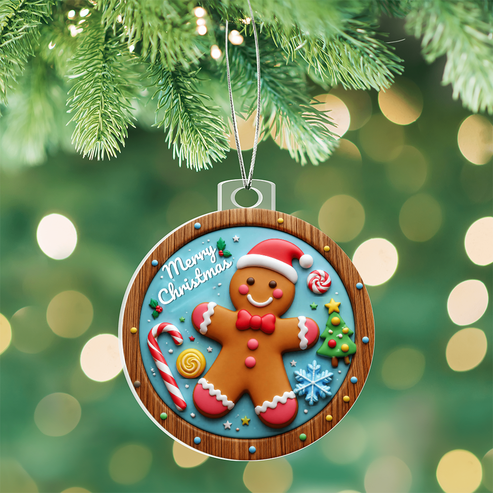 Round acrylic Christmas ornament in a 3D stained-glass style featuring a smiling gingerbread man wearing a Santa hat, surrounded by holiday candies and a Christmas tree with "Merry Christmas" written at the top, hanging from pine branches against a blurred background with festive lights.