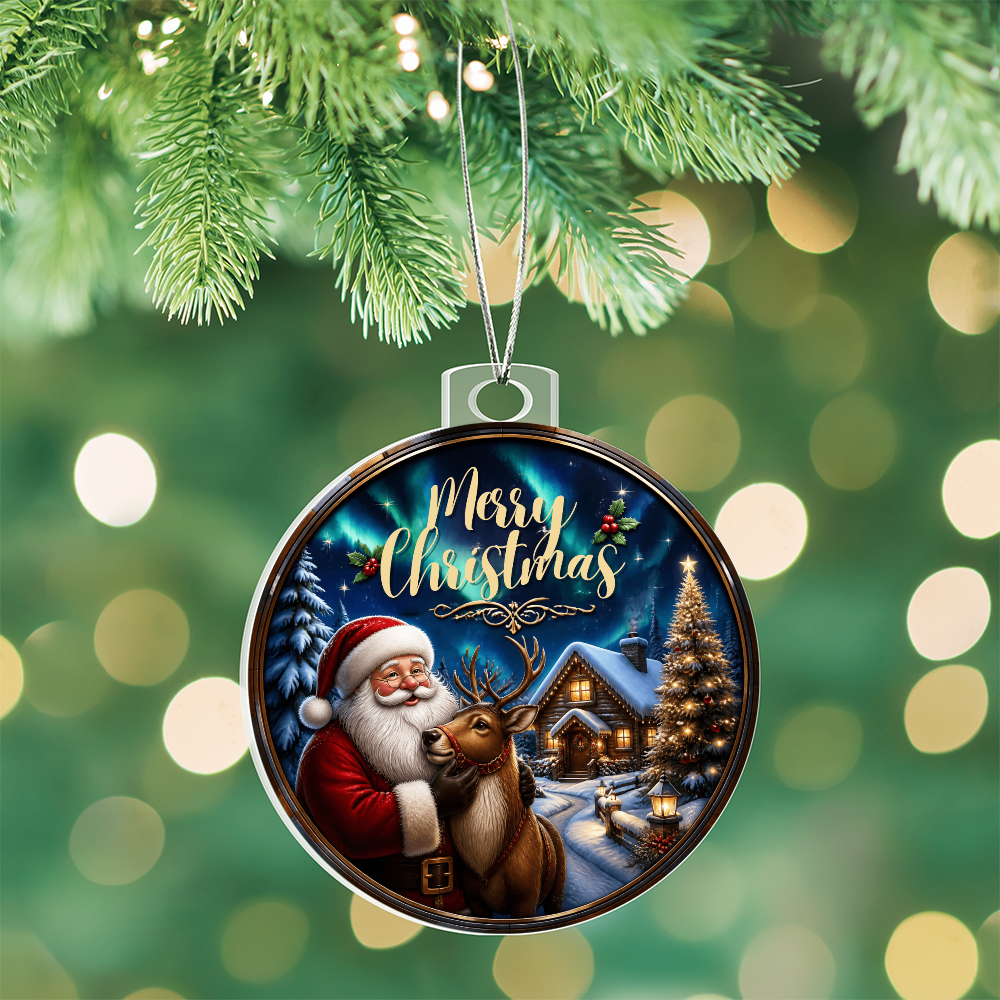 Round acrylic Christmas ornament with Santa and a reindeer hanging on a Christmas tree branch.