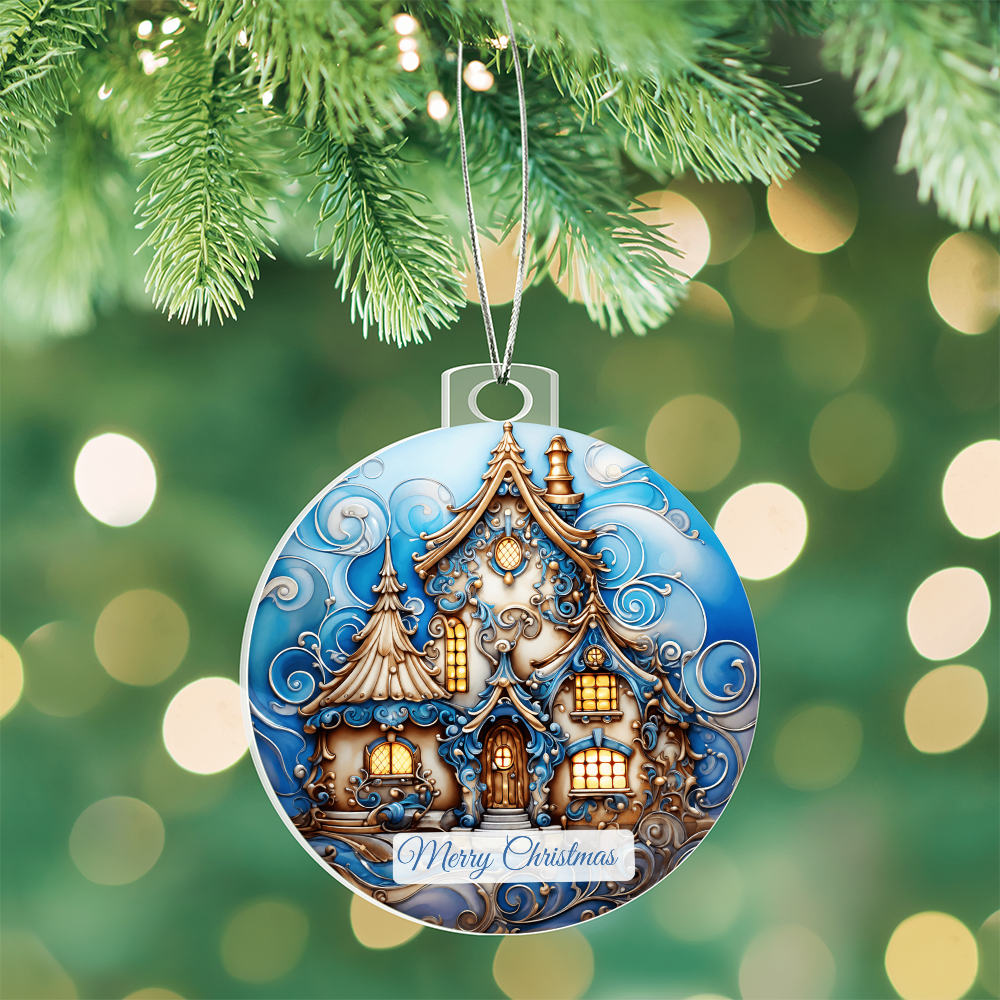 Round acrylic Christmas ornament featuring a cozy winter house with ornate, glowing windows, festive scrollwork, and a "Merry Christmas" banner at the bottom, hanging on a Christmas tree.
