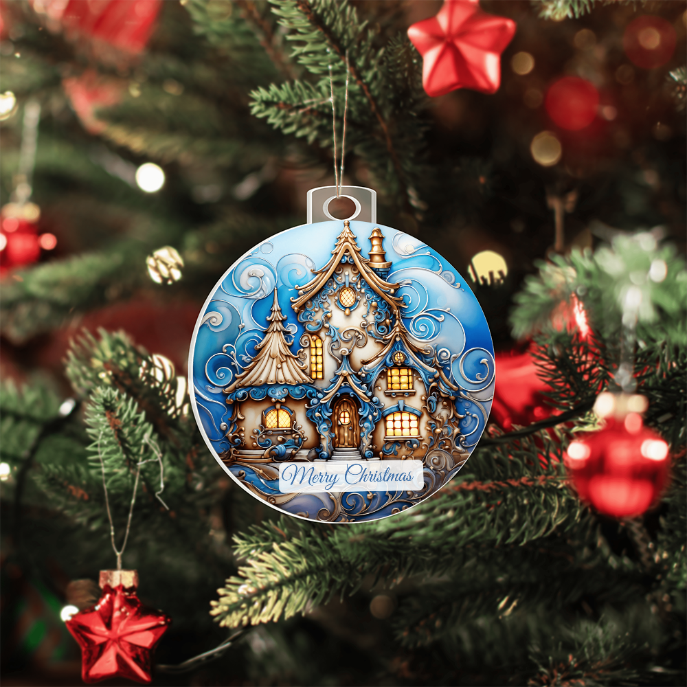 Round acrylic Christmas ornament featuring a cozy winter house with ornate, glowing windows, festive scrollwork, and a "Merry Christmas" banner at the bottom, hanging on a Christmas tree.