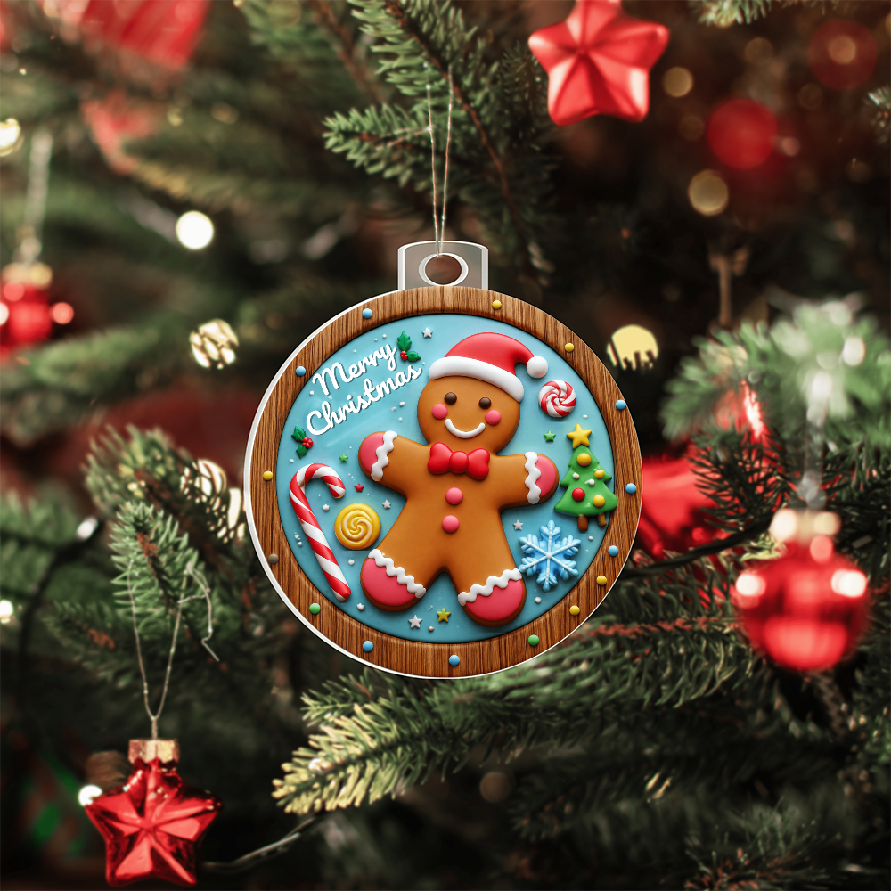 Round acrylic Christmas ornament in a stained-glass style featuring a smiling gingerbread man wearing a Santa hat, surrounded by holiday candies and a Christmas tree with "Merry Christmas" written at the top, hanging from pine branches against a blurred background with festive lights.