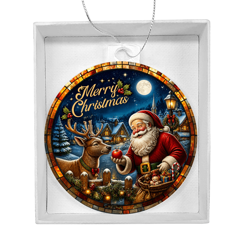 Round Santa Claus and reindeer Christmas ornament presented inside a white gift box.