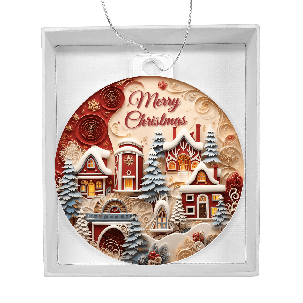Round acrylic Merry Christmas winter village ornament presented inside a white gift box with silver hanging cord.