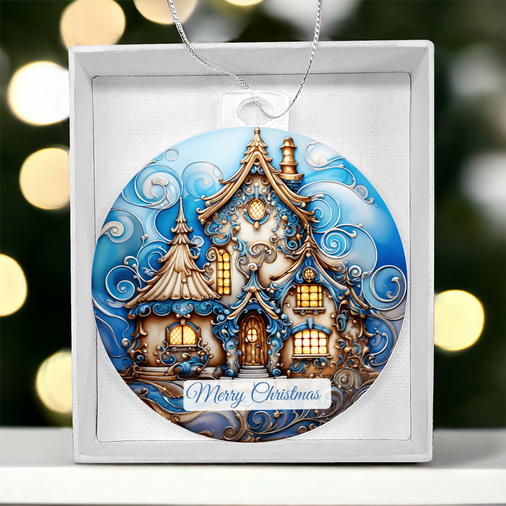 Round acrylic Christmas ornament featuring a cozy winter house with ornate, glowing windows, festive scrollwork, and a "Merry Christmas" banner at the bottom, presented inside a white gift box.