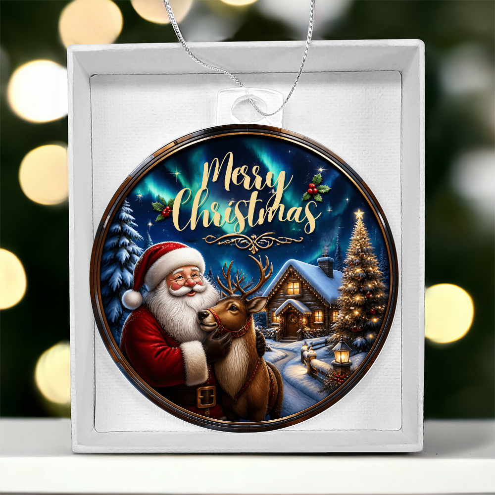 Round Christmas ornament with Santa, a reindeer, and a snowy cabin in a gift box.