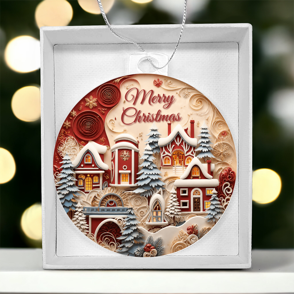 Round acrylic Merry Christmas winter village ornament presented inside a white gift box with silver hanging cord.