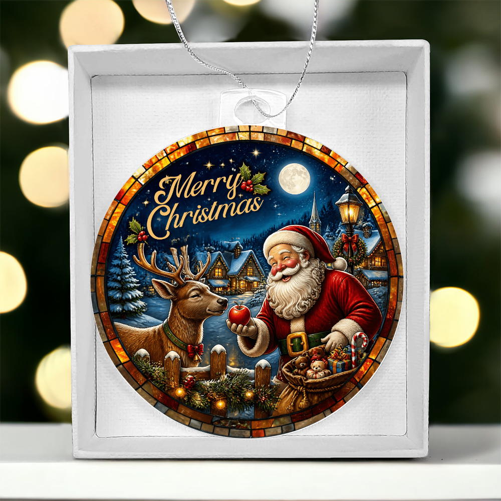 Round Santa Claus and reindeer Christmas ornament presented inside a white gift box.